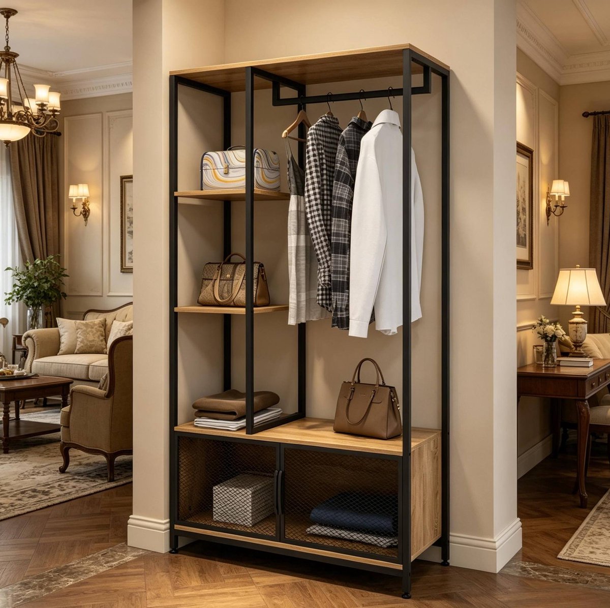 HAUSS SPOLE Kledingrek – 90 x 40 x 167 cm – Met Hangroede En Opbergplanken – MDF En Metaal – Zwart En Licht Eiken – Voor Slaapkamer En Hal