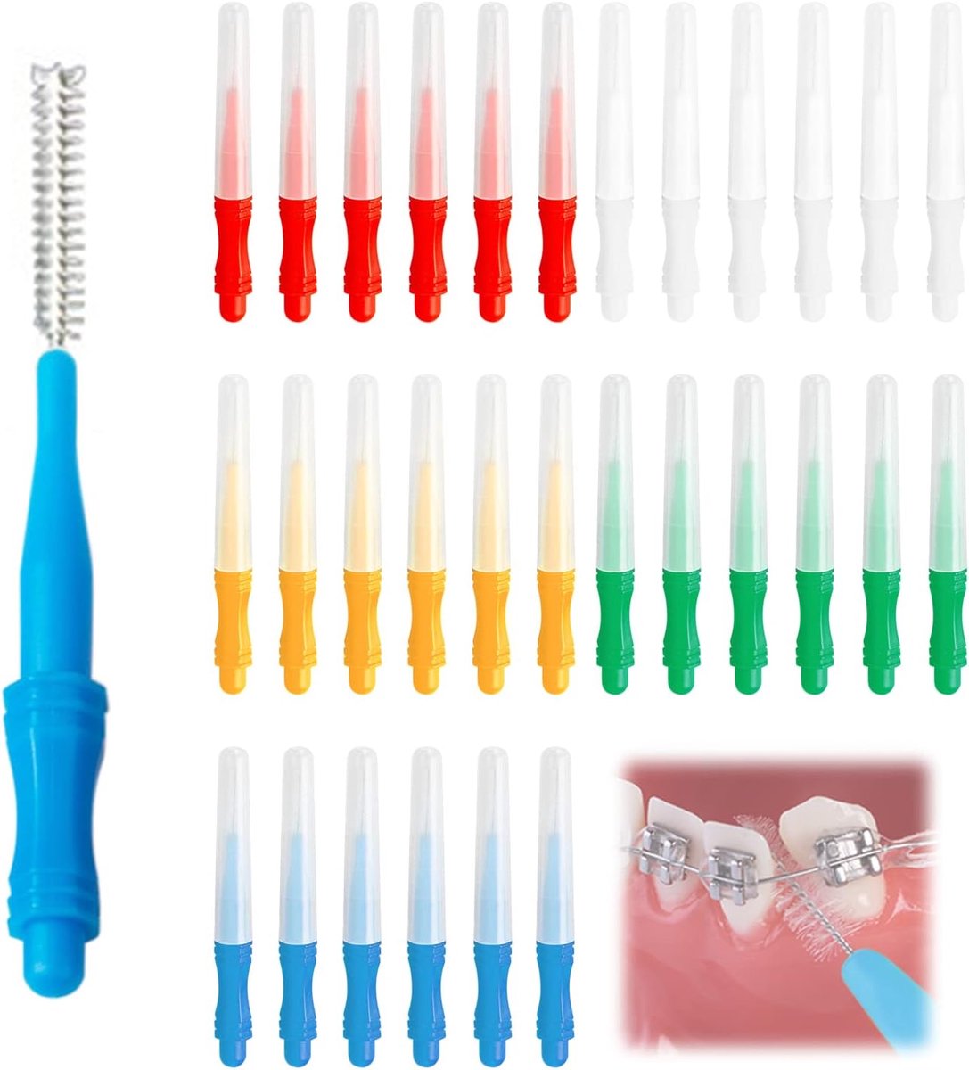 SnelShoppen - Interdental Brush Set 30 Stuks - Rood, Wit, Groen, Blauw, Oranje - Zachte Haren - Flexibele Handgreep - Tandverzorging voor Tanden en Ta