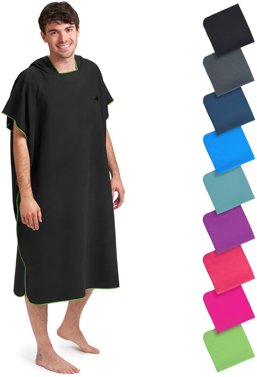 SnelShoppen - Ultralichte Fit-Flip Omkleedhanddoek Surfponcho Microvezel voor Dames en Heren - Extra Lange Zwemponcho in Zwart/Groen - Ideaal voor Str