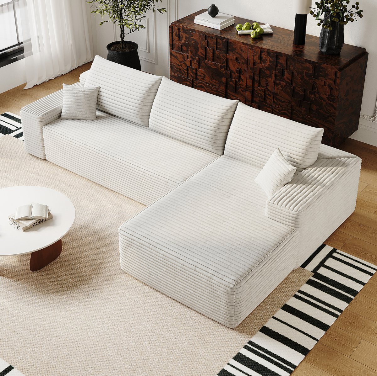 OKWISH Hoekbank 3-Zits 270 cm - Modulaire L-Vormige Chaise Longue - Zonder Montage - Woonkamer en Slaapkamer - Stof - Wit