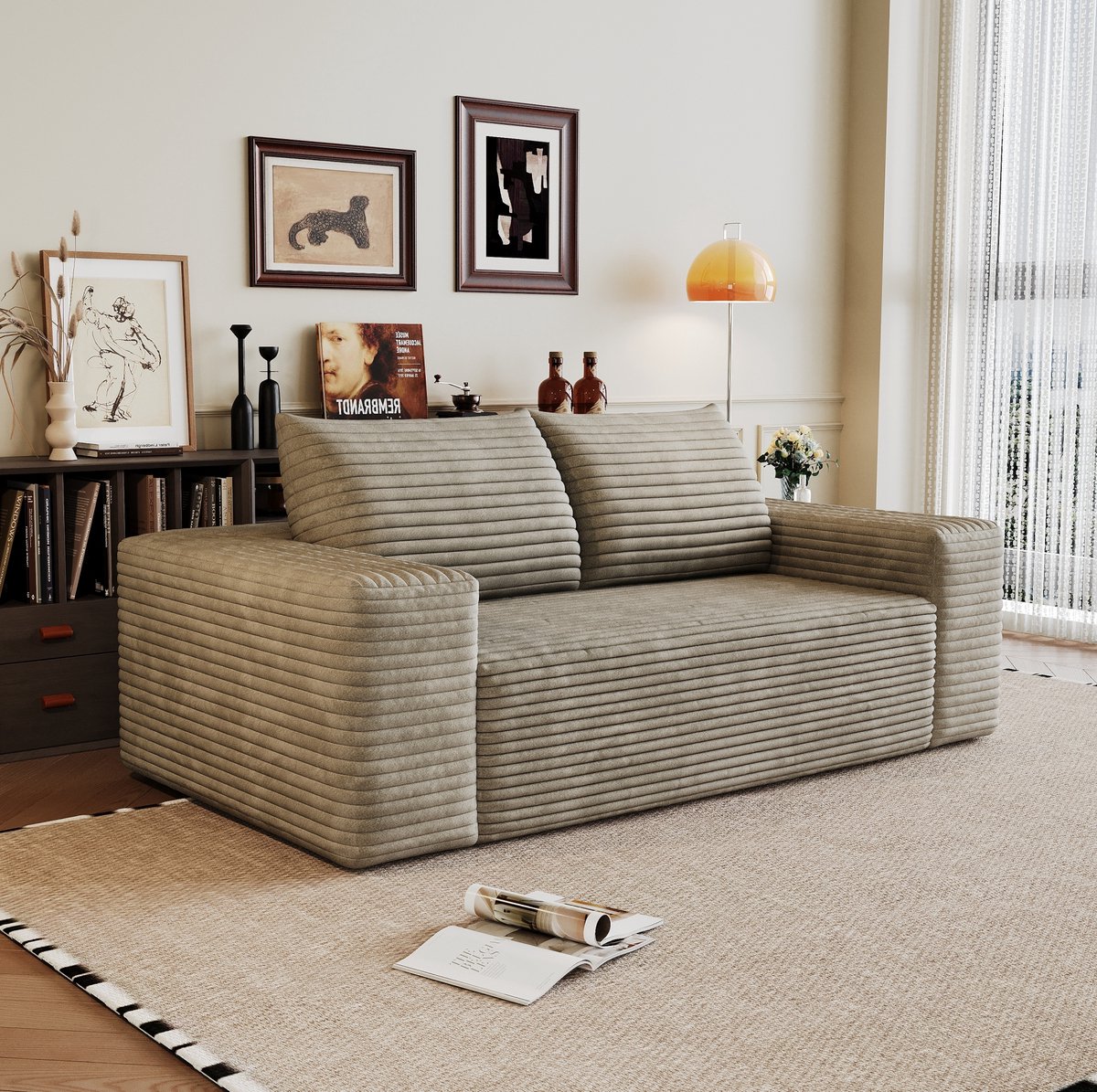 OKWISH Zitbank 180 Cm - 3-Zits Modulaire Bank Zonder Montage met Diepe Zitting - Voor Woonkamer Slaapkamer of Appartement - Corduroy - Camel