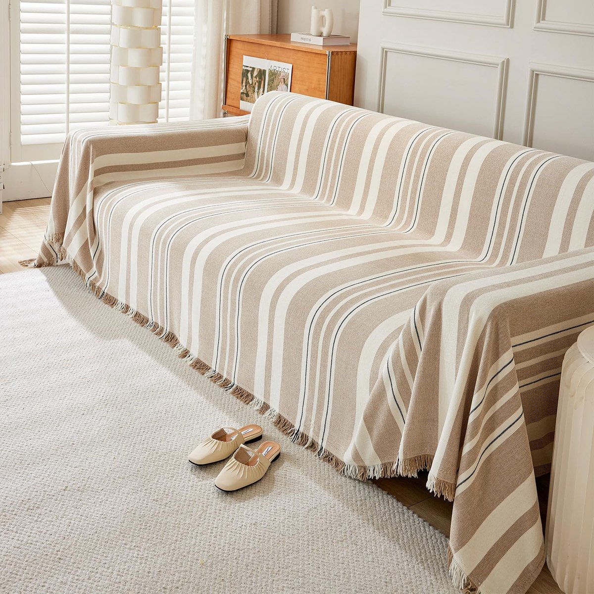 SnelShoppen - Grote bankdeken met kwastjes 2- of 3-zits, omkeerbare plaid voor banken, sofa's, slaapbanken en fauteuils, 180 x 230 cm, Kaki, veelzijdi