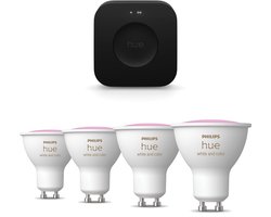 Philips Hue Starterspakket - GU10 - met 4 Spotjes - Wit en Gekleurd Licht - Incl. Hue Bridge Pro -…