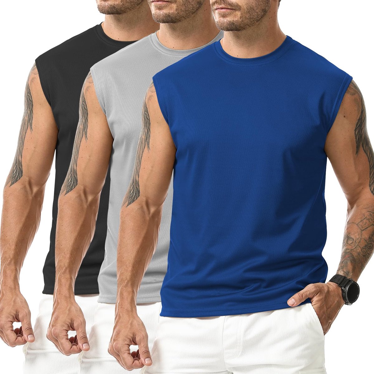 SnelShoppen - Suwangi Tanktop voor heren 3 stuks, mouwloos spiershirt, sneldrogend fitness shirt, sportloopshirt, zwart grijs marineblauw XL, function