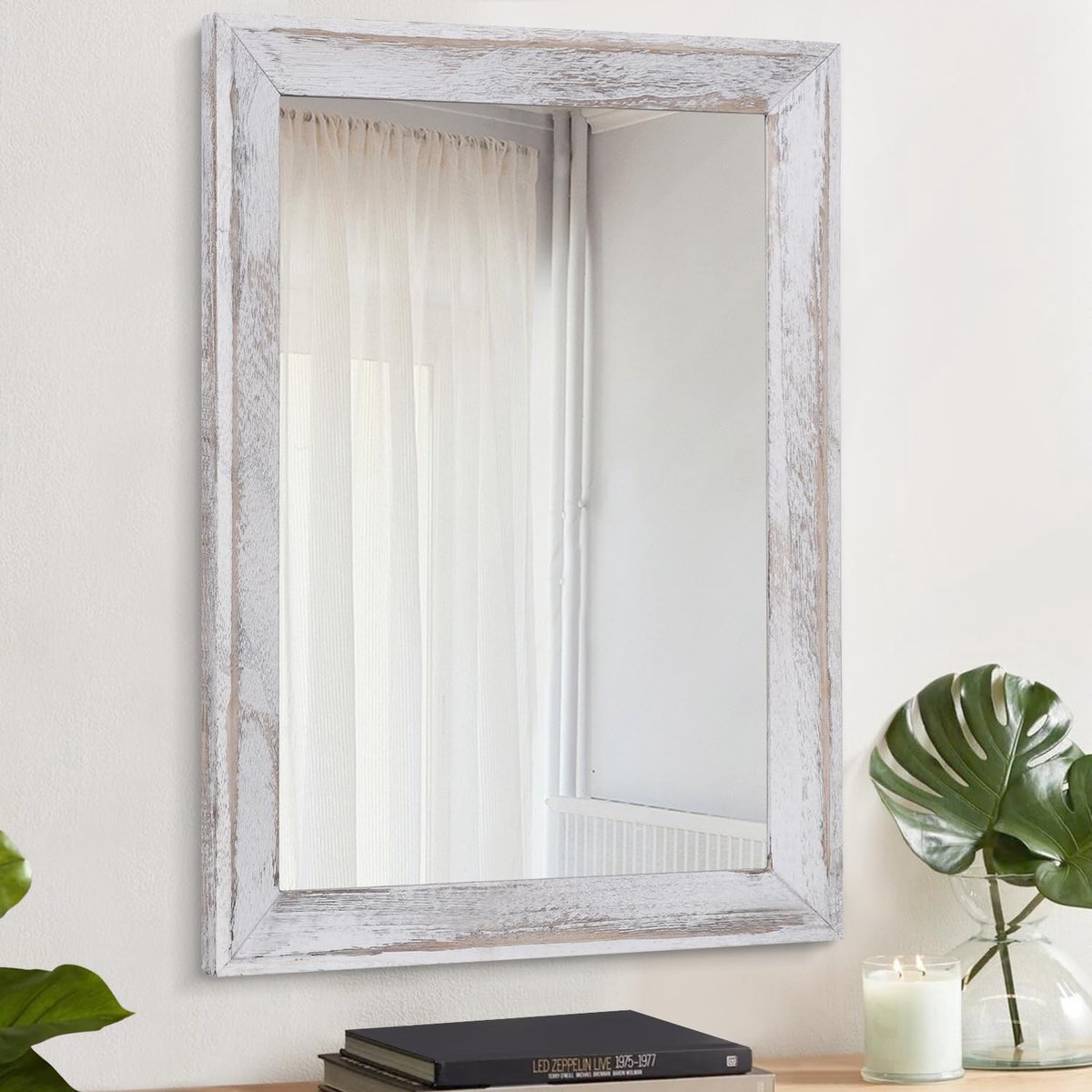 SnelShoppen - Decoratieve Muurspiegel 50 x 40 cm met Houten Frame - Rustiek Wit - Rechthoekige Hangspiegel voor Slaapkamer, Badkamer en Boerderijstijl