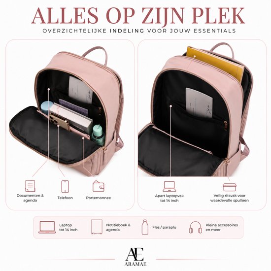 Roze rugzak met overzichtelijke indeling voor documenten, telefoon, laptop tot 14 inch en accessoires.