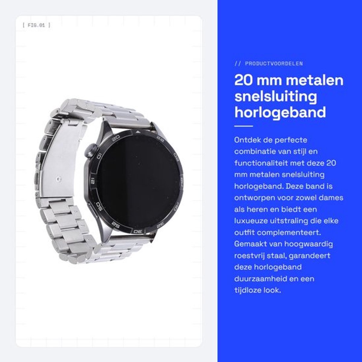 Snelsluiting Horlogeband - 20 mm - Roestvrij Staal - Zilverkleurig - Geschikt voor Dames/Heren - Duurzaam Ontwerp