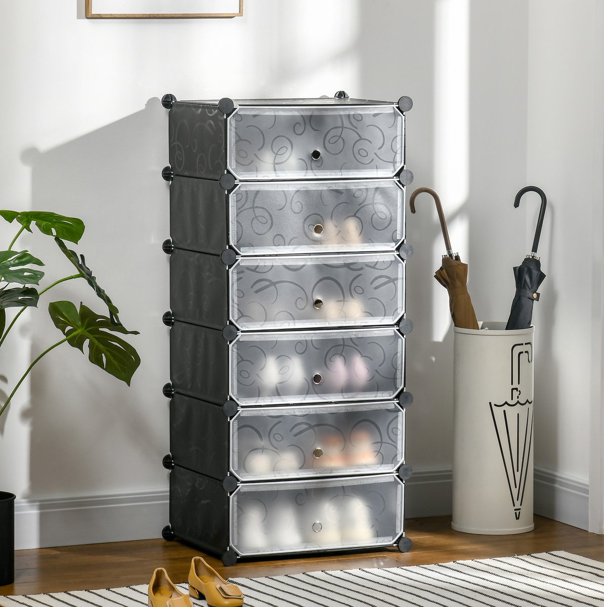 HAUSS SPOLE Schoenenrek - 49 x 36,5 x 108 cm - Modulair En Stapelbaar - Kunststof En Staal - Zwart En Wit - Met Deuren Voor Hal Of Kinderkamer