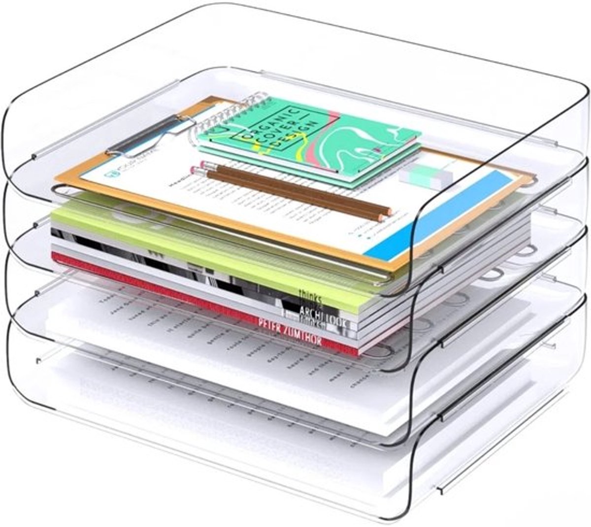 4-laags opbergmand voor A4-documenten, acryl documentenbak, stapelbare bureau-organizer, acryl brievenbak
