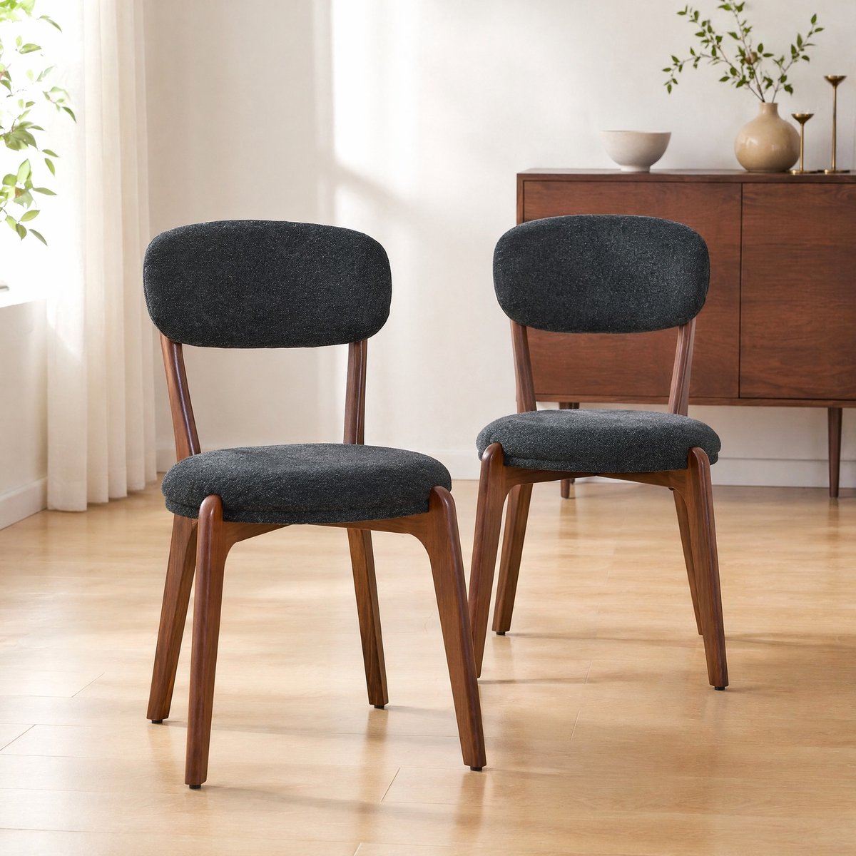 MEUNIQ set van 2 eetkamerstoelen 55,5 x 48,5 x 84 cm met linnenstof en gepolsterde zitting, moderne keukenstoel voor eetkamer of keuken, zwart