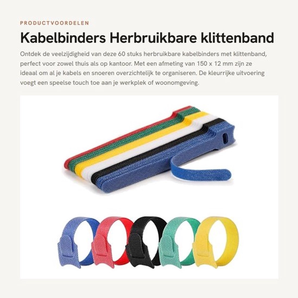 Kabelbinders - Herbruikbare klittenband kabelbinders - Kleurrijk - Kabelorganizer - 60 stuks - Geschikt voor thuis en kantoor - 150 x 12 mm
