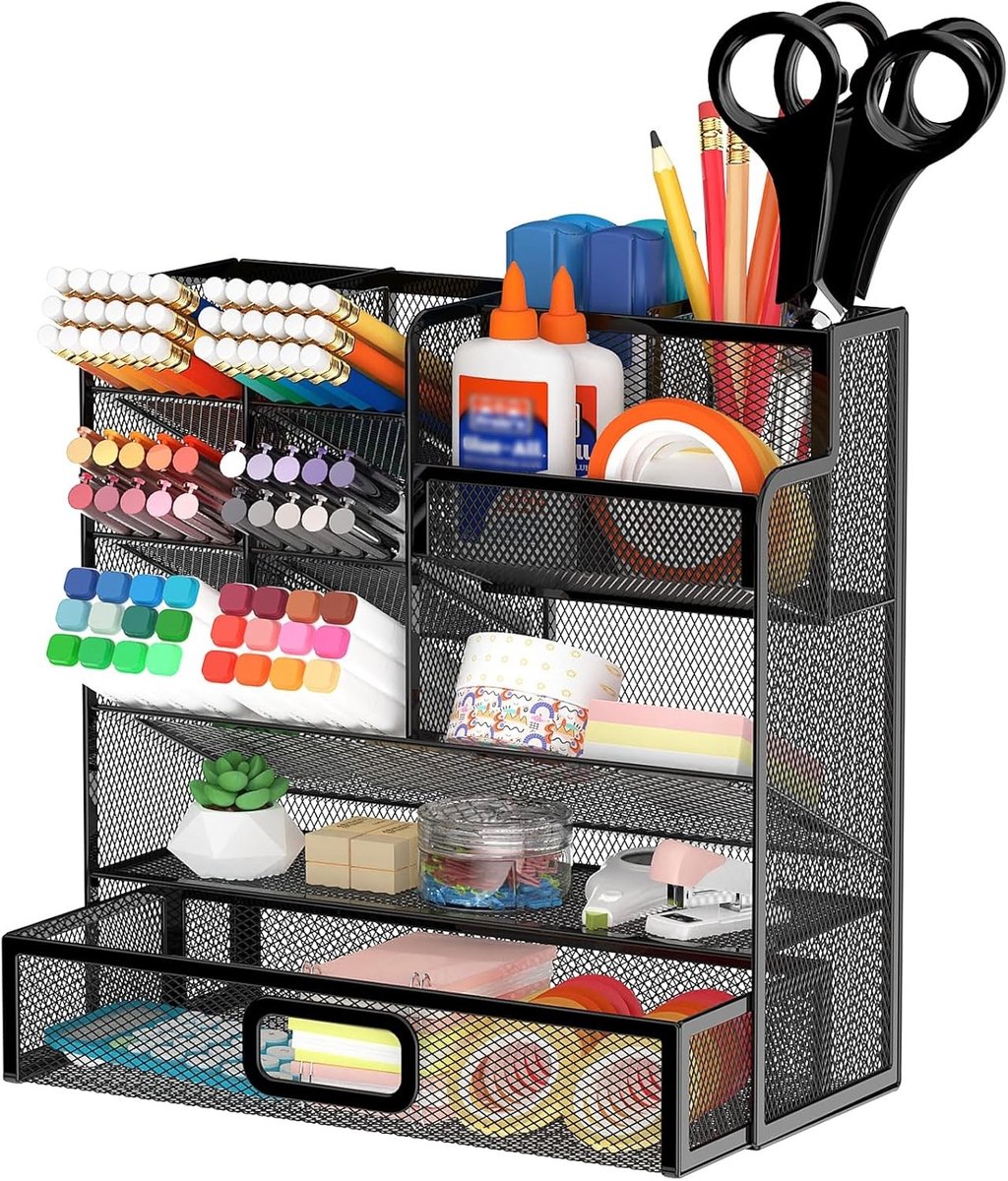 Multifunctionele Bureau Organizer met Lade, Wandhouder voor Pennen, Opbergoplossing voor Schoolbenodigdheden en Kunstbenodigdheden (Zwart)