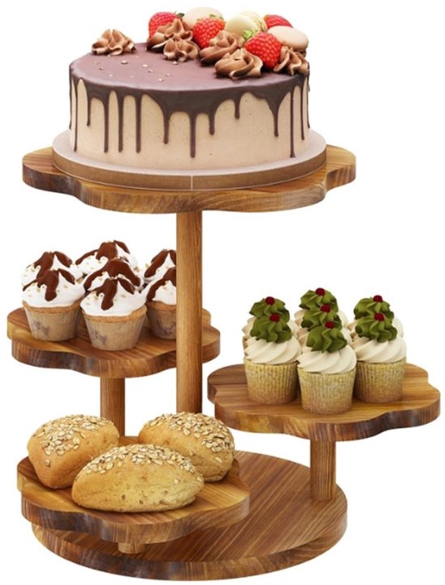 Cupcakestandaard 4 niveaus - Houten Taartstandaard - Dessertstandaard - Geschulpeld - Diameter 30/20 cm - Hoogte 30 cm