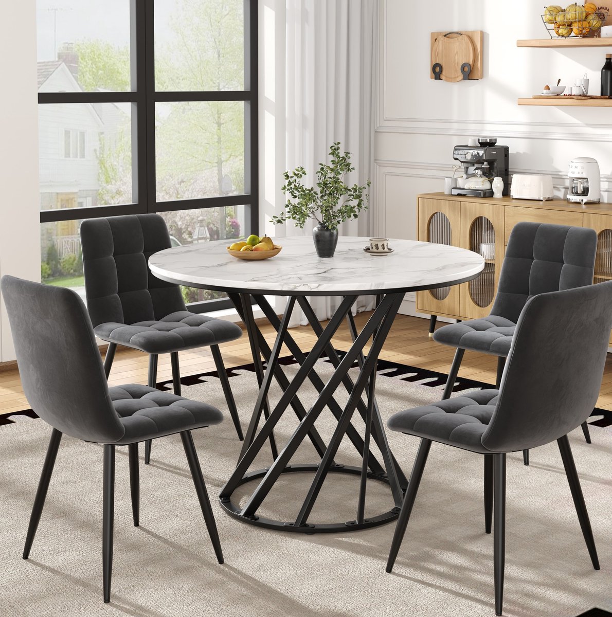 MEUNIQ 5-delige eetgroep met ronde eettafel 80 cm en 4 fluwelen stoelen, wit tafelblad met marmerlook, zwarte metalen poten, set voor keuken en eetkamer