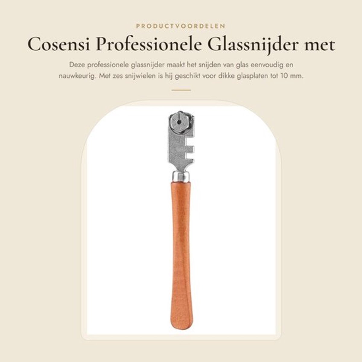 Glassnijder Professioneel - Ergonomische Houten Handgreep - 6-Voudige Snijwielen - Voor Dikke Glasplaten Tot 10 mm - Duurzaam Gebruik - Comfortabel en Nauwkeurig Werk - Glasgereedschap