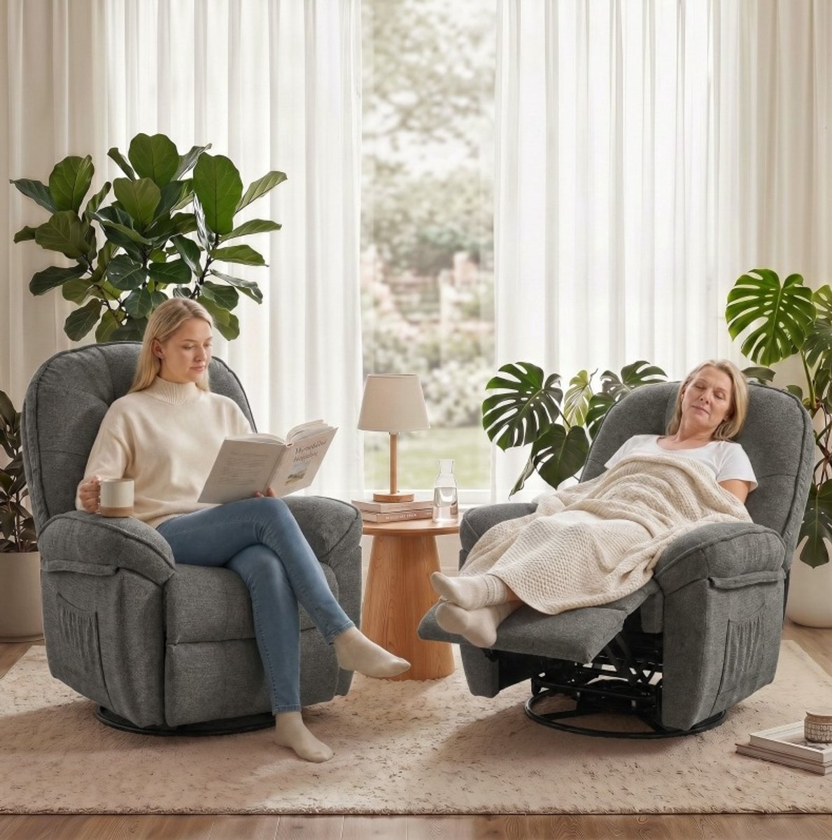 OKWISH Relaxfauteuil 95 X 94 X 104 Cm - Handmatig Verstelbaar Met 145 Graden Ligstand, 360 Graden Draaibaar En Wipfunctie - Chenille - Lichtgrijs