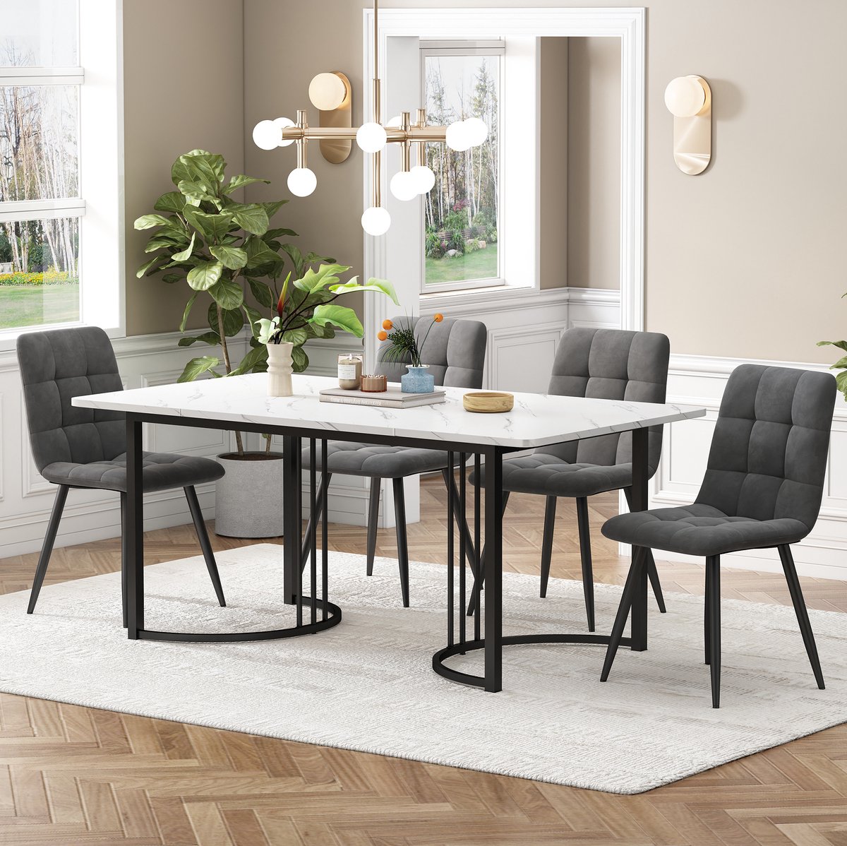 MEUNIQ 5-delige essgroep met eettafel 140 x 80 cm en 4 stoelen, wit marmerlook tafelblad, zwarte metalen poten, donkergrijze fluwelen eetkamerstoelen