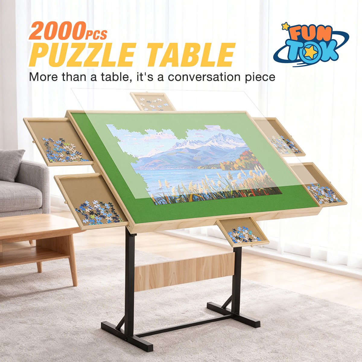 FUNTOK Puzzeltafel 2000 Stukjes – Hoogte- en Hoek Verstelbaar – Lade & Afdekking – Stabiel Puzzelblad voor Volwassenen & Gezinnen