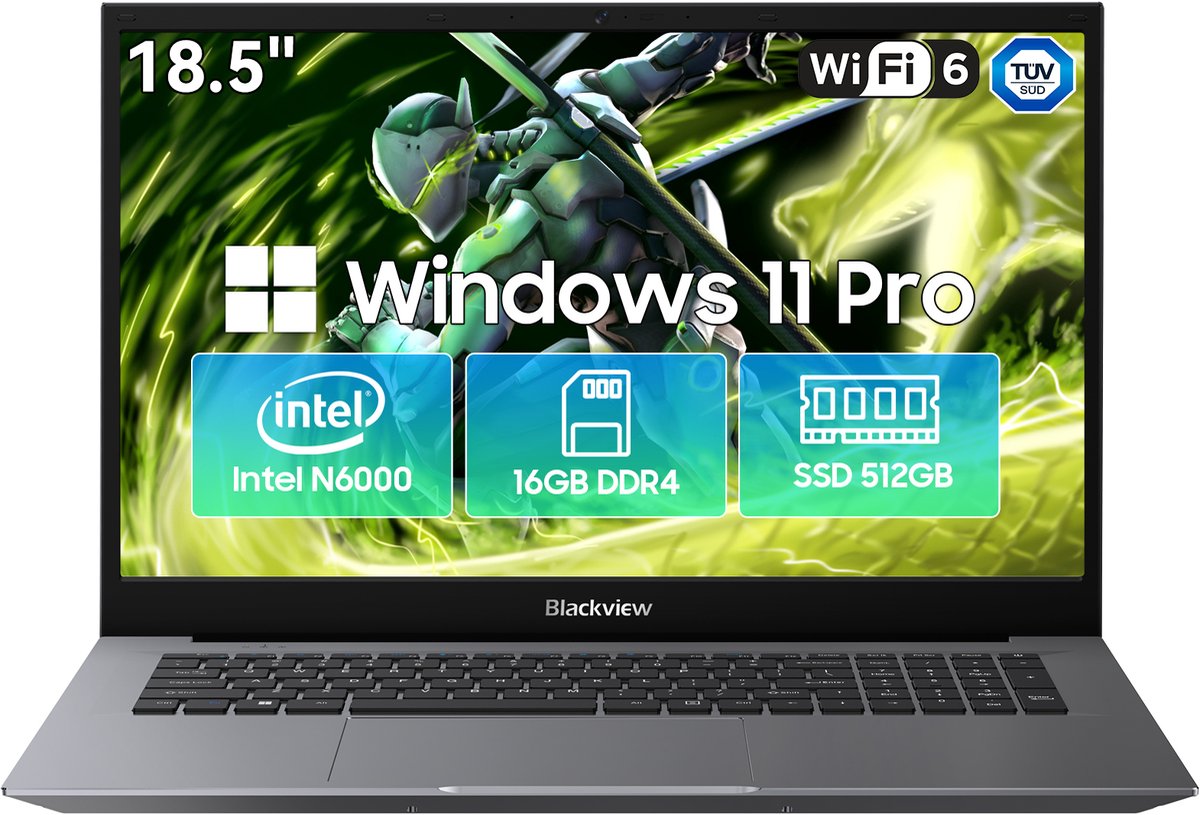 Blackview AceBook 10 - Laptop - 18,5 inch Full HD - 16 GB DDR4 - 512 GB SSD - Intel Pentium Silver N6000 - WiFi 6 - Windows 11 Pro Notebook - Intel® Graphics - Grijs