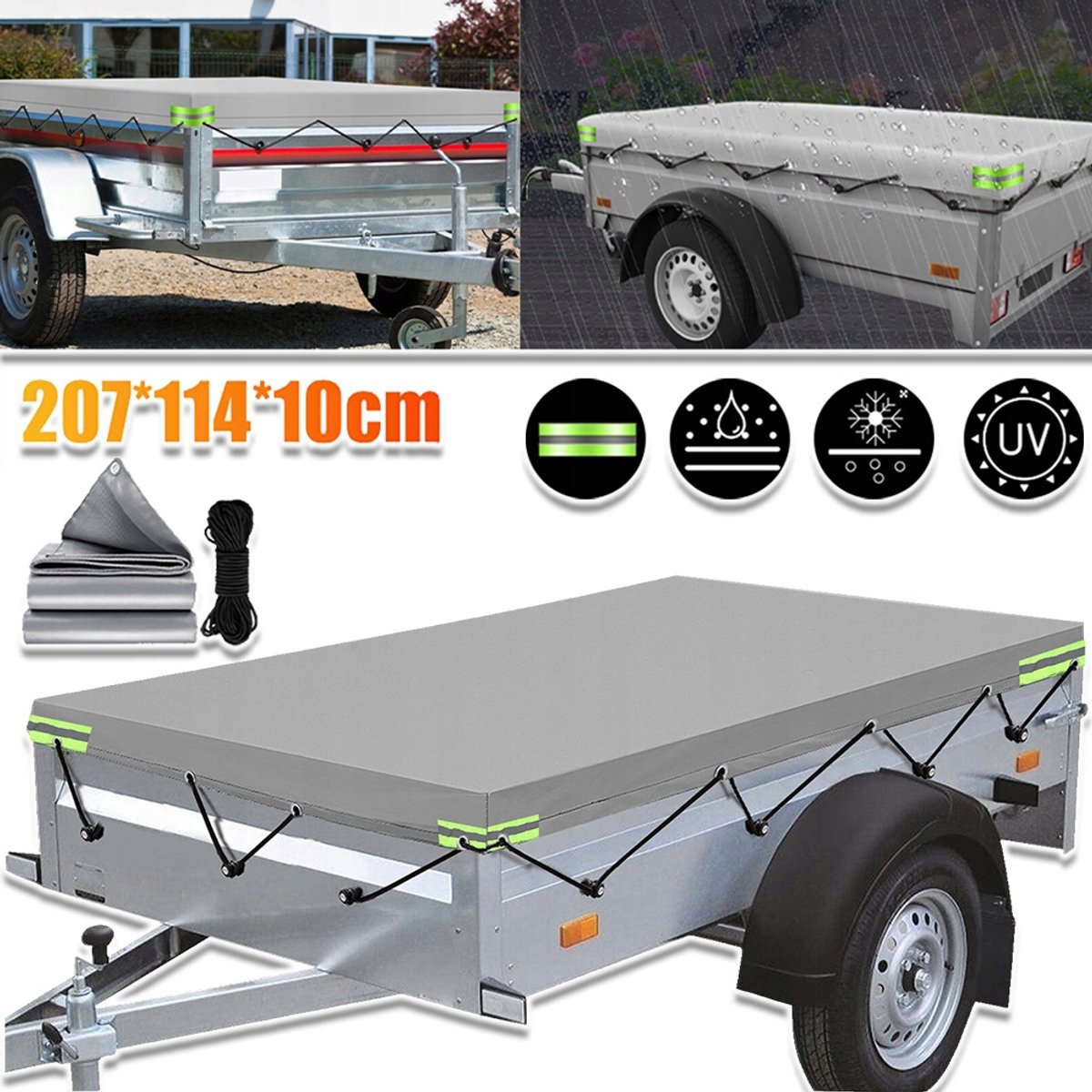 420D Oxford Aanhangerhoes Met 8m Touw En Reflecterende Veiligheidsstrip - Waterdicht Stofdicht UV-Bestendig - Veilige Pasvorm Voor Alle Aanhangers - Zilver