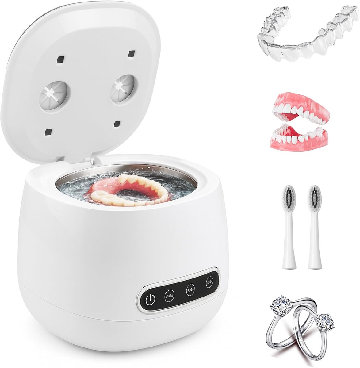 Ultrasone Reiniger Wit - 45 kHz Tandreiniger voor Kunstgebitten, Beugels, Aligners & Sportbitjes - UV-Sterilisatie & Diepe Reiniging - 3 Standen voor Tandenborstels, Sieraden, Ringen & Meer- Draagbare Gebitsprothese Reiniger- Eenvoudig te Gebruiken