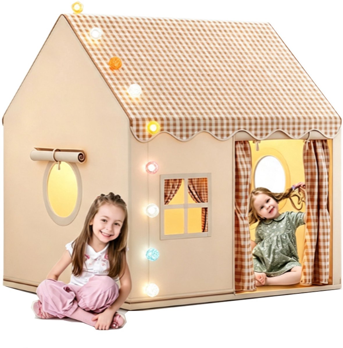 Kinderspeeltent, robuuste kindertent voor binnen en buiten, inclusief verlichting, draagbaar, wasbaar, ventilerend, montage zonder gereedschap, multifunctioneel.