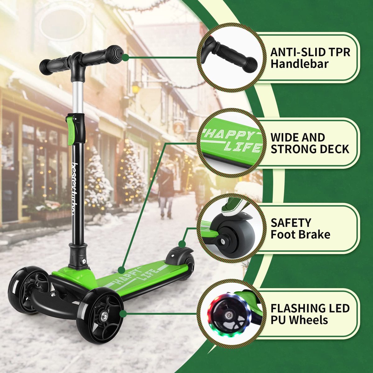 SnelShoppen - Opvouwbare Kick Scooter voor Kinderen 3-10 Jaar met LED-Lichtwielen, Verstelbare Hoogte, Extra Breed Dek voor Buitenactiviteiten, 3 Wiel