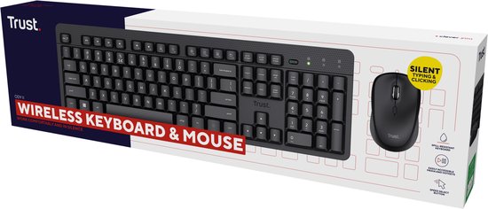 Zwarte Trust ODY II draadloze toetsenbord- en muisset met QWERTY-indeling en "SILENT TYPING & CLICKING" tekst.