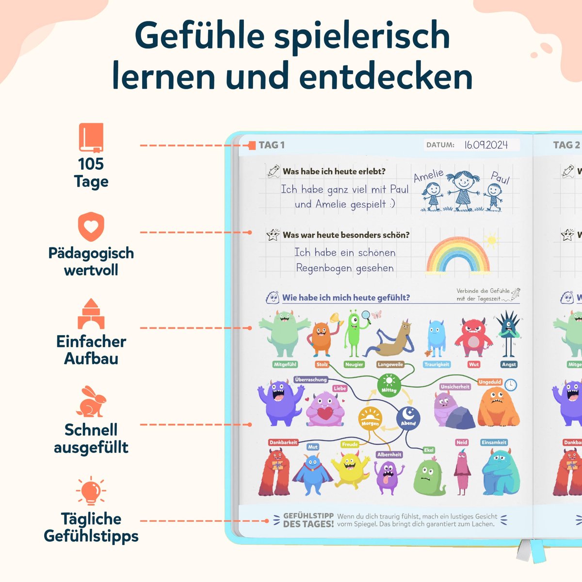 SnelShoppen - Wunderkind Emotiedagboek voor Kinderen van 6-12 jaar - Dagboek voor Meisjes en Jongens - Gevoelens, Dankbaarheidsdagboek, Poolblauw - Pe
