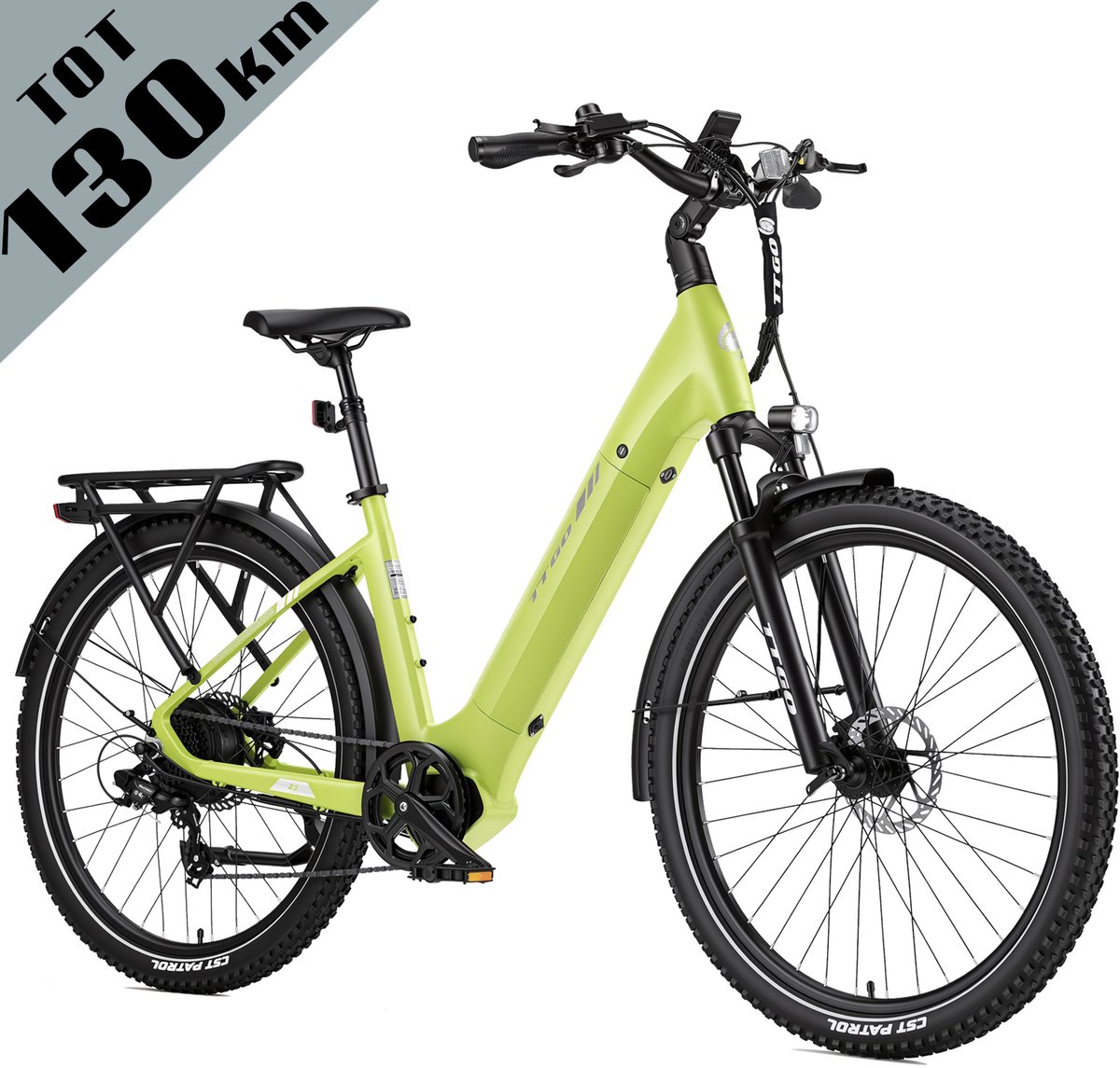 TTGO Z3 Elektrische Fiets – 48V 15Ah Accu (720Wh) – Achterwielmotor – Actieradius tot 130 km – 27.5×2.4 Inch Banden – LCD Display – Shimano 7 Versnellingen – Hydraulische Schijfremmen – Stadsfiets – Max. Belastbaar 125 kg – Appelgroen