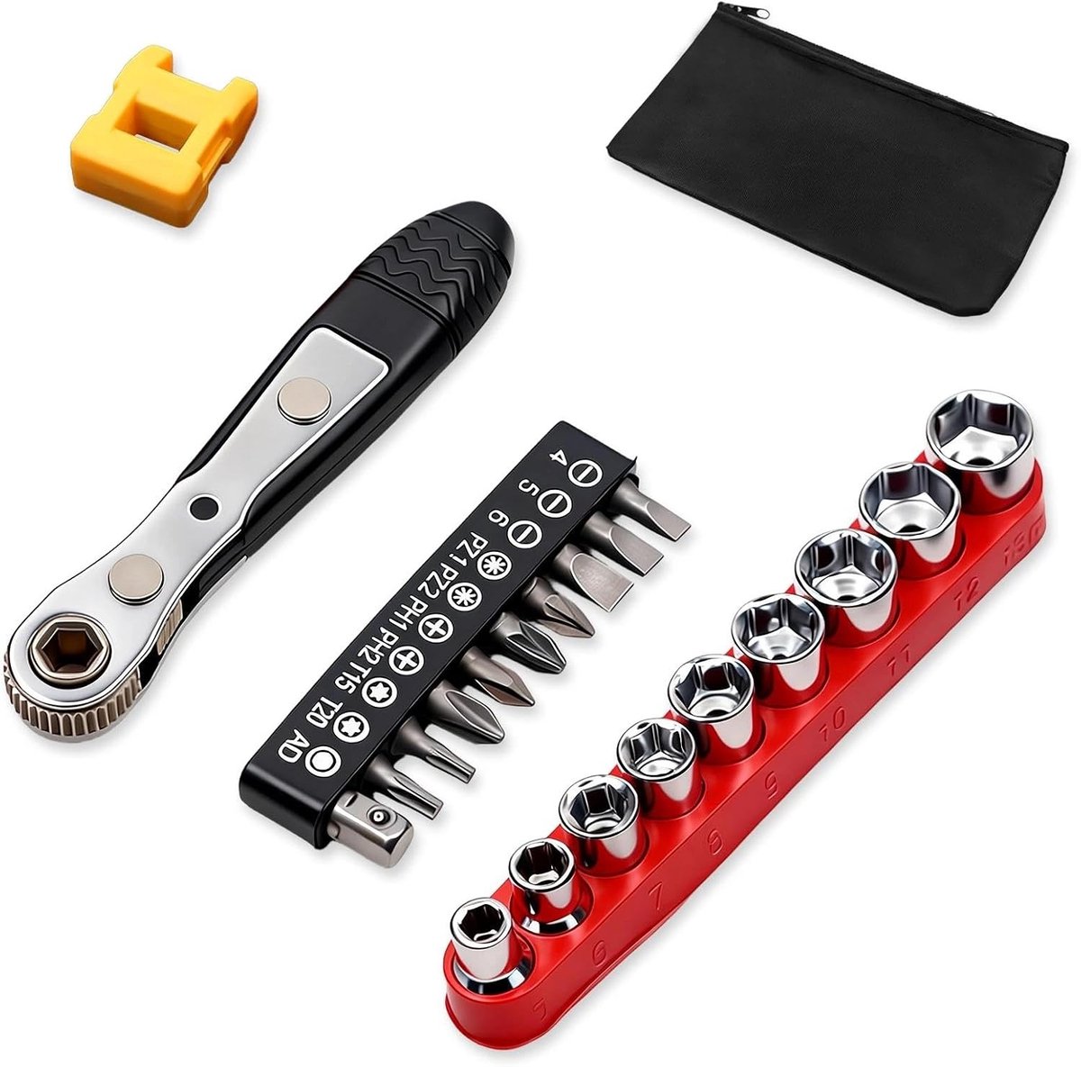 Compacte magnetische ratelsleutel met omschakelfunctie, 9 dopsleutels en 10 bits voor huis, auto, fietsen en klussen
