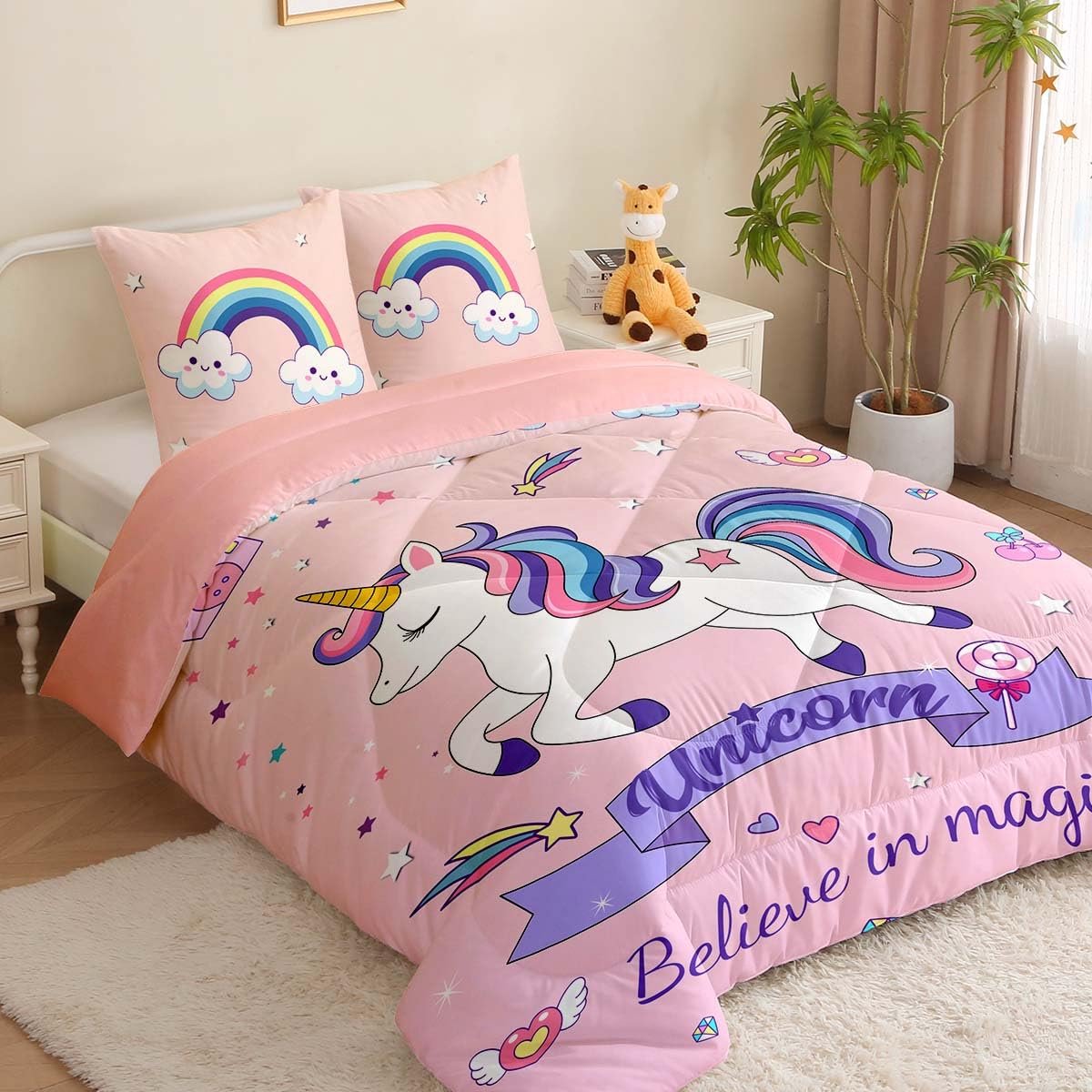 SnelShoppen - Dekbed 140x200 Kinderen Eenhoorn Meisje 3D Gedrukt 4 Seizoenen met 2 Kussenslopen 65x65cm voor Bed 90x190