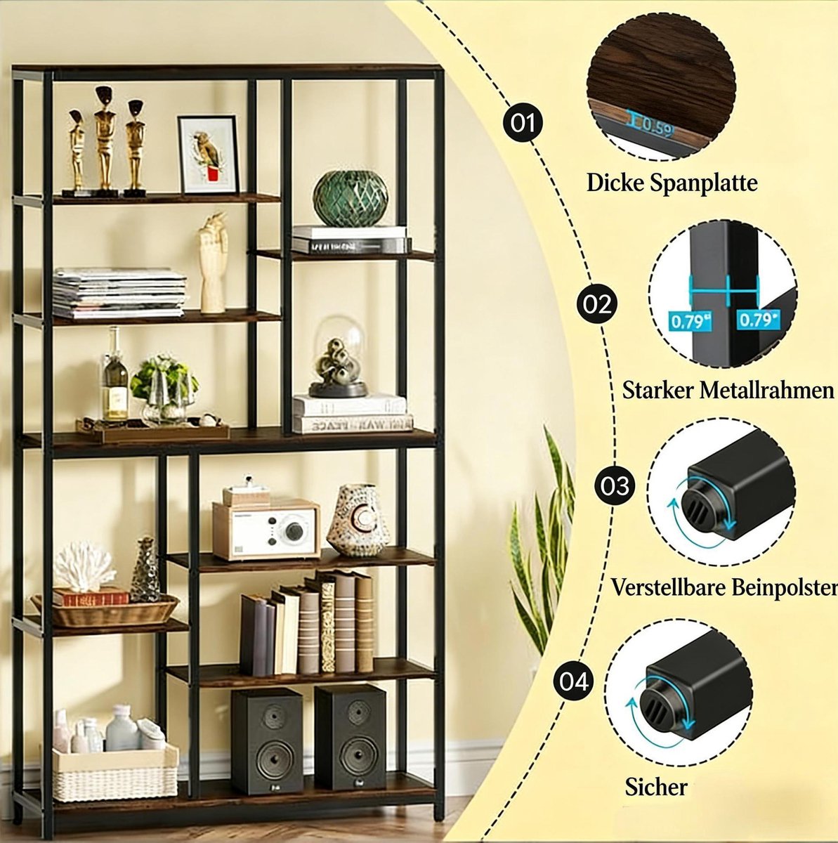 HAUSS SPOLE Boekenkast – 100 x 30 x 200 cm – Open Industrieel Ontwerp – Metaal En Spaanplaat – Zwart En Rustiek Bruin – Voor Woonkamer En Leeshoek