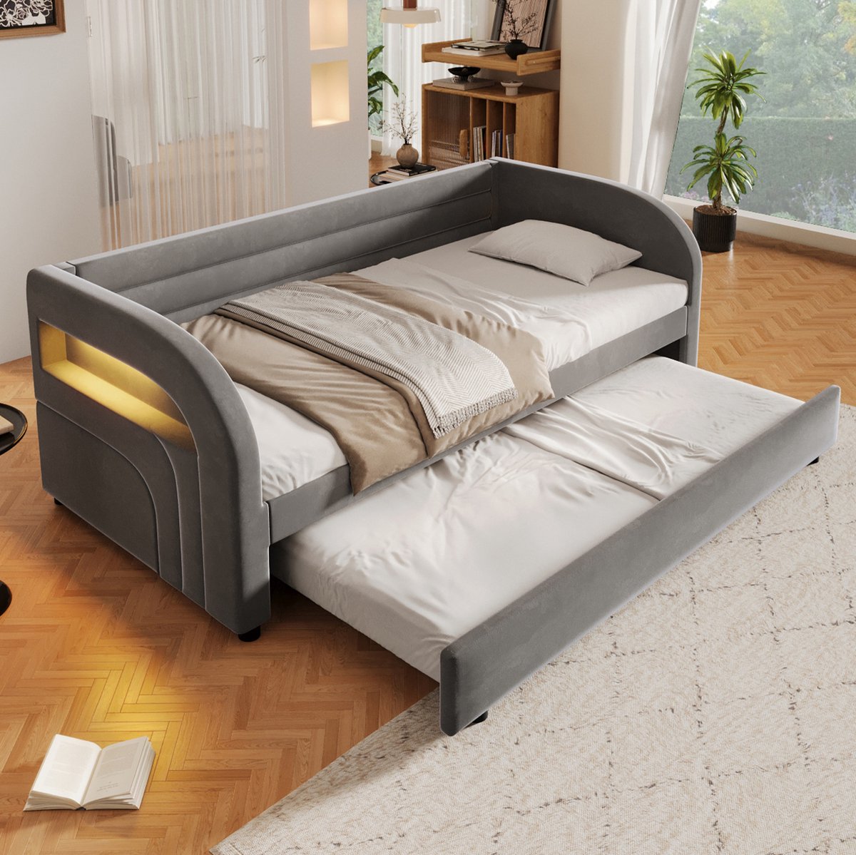 Bed 90x200 Cm - Bedframe Met Uittrekbed En Verlichting - Met Opbergruimte - Kinderkamer En Logeerkamer - Flanel En Mdf - Grijs - Zonder Matras