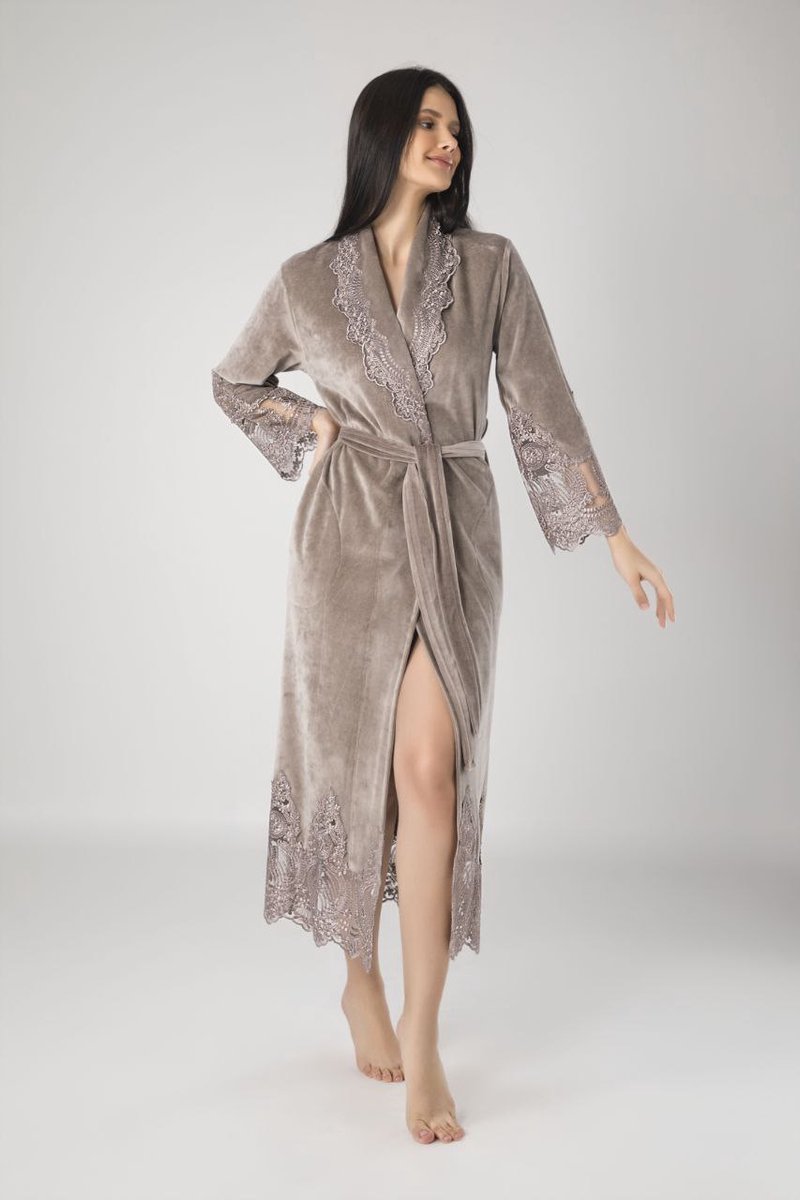 Dames Velours Badjas /Ochtendjas Sofie / Beige kleur / maat L/XL