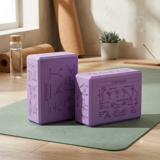 Paarse Pilates blokken yoga blokken set unisex 2 delig EVA schuim antislip yogablokken met yogahouding gids op 6 zijden afgeschuinde randen voor yoga pilates meditatie stretching en balans — afbeelding 2