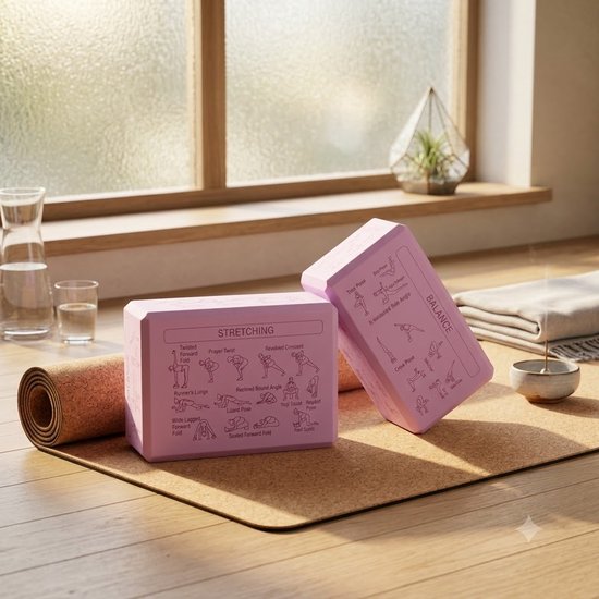 Roze Pilates blokken yoga blokken set unisex 2 delig EVA schuim antislip yogablokken met yogahouding gids op 6 zijden afgeschuinde randen voor yoga pilates meditatie stretching en balans — afbeelding 2