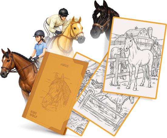 Paarden, ruiters, een boerderij en schetsen van paarden.