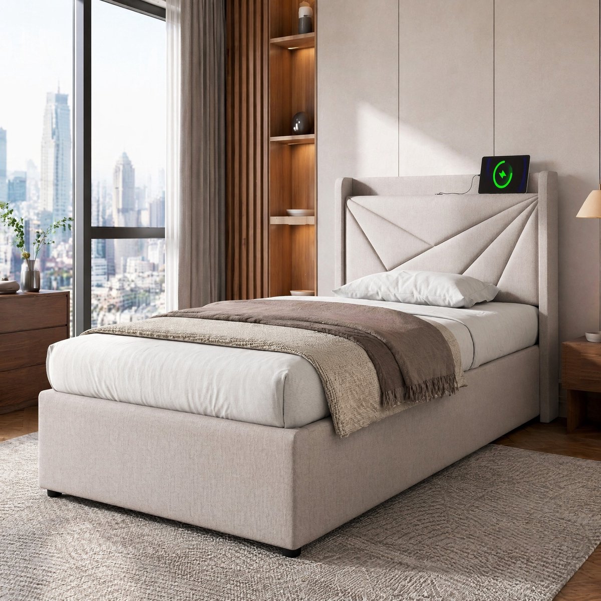 COVREO Bedframe 90x200 cm, beige, met opbergruimte, zonder matras