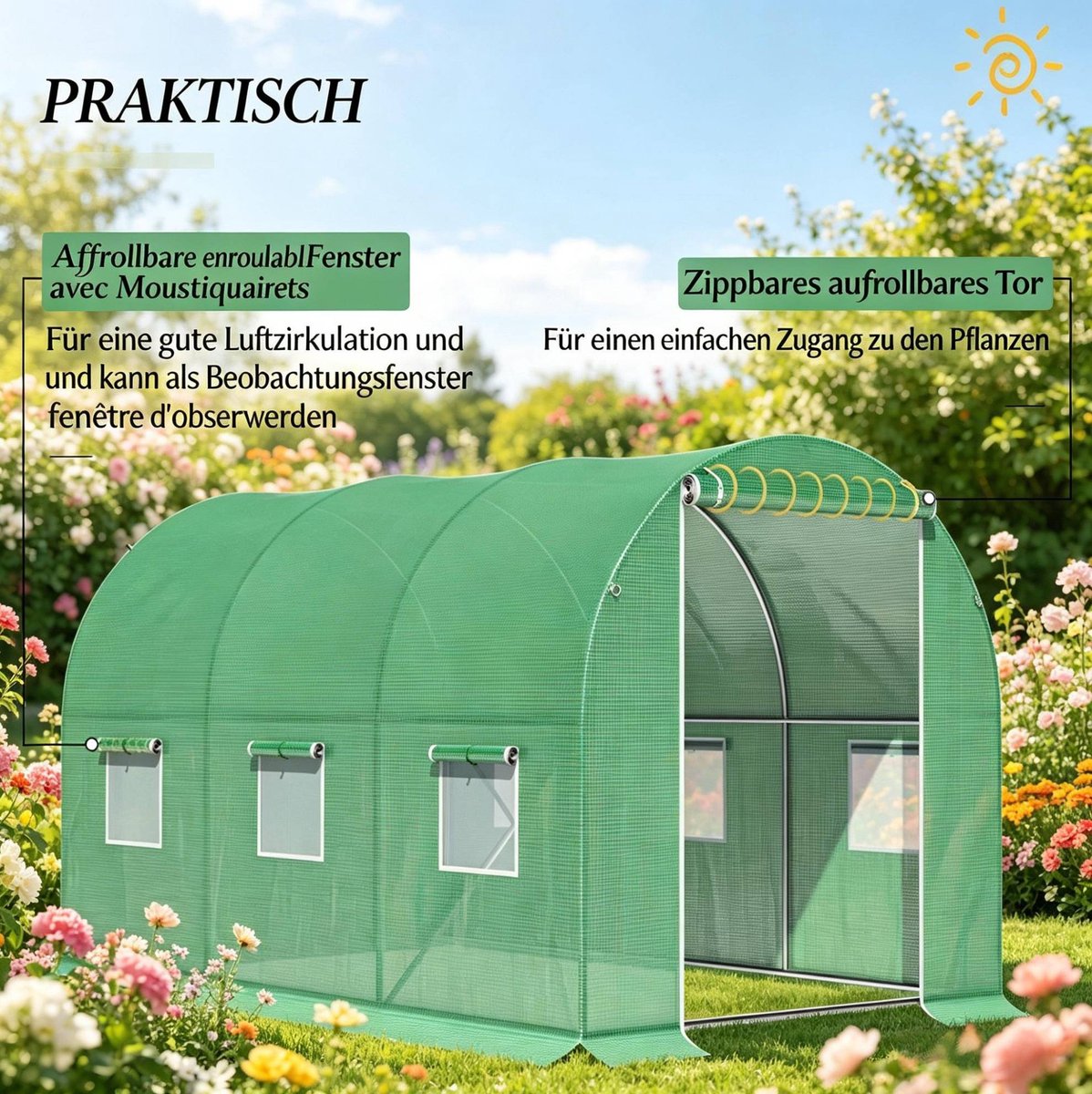 Wishdor Kweektunnel - Ritsroldeur - oprolbare ramen - ventilatie - verzinkt staal - polyethyleen - groen - 298 x 196 x 198 cm