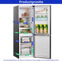 Koelkast met afmetingen en inhoud: diepte 37cm, breedte 38cm, hoogte 70cm.
