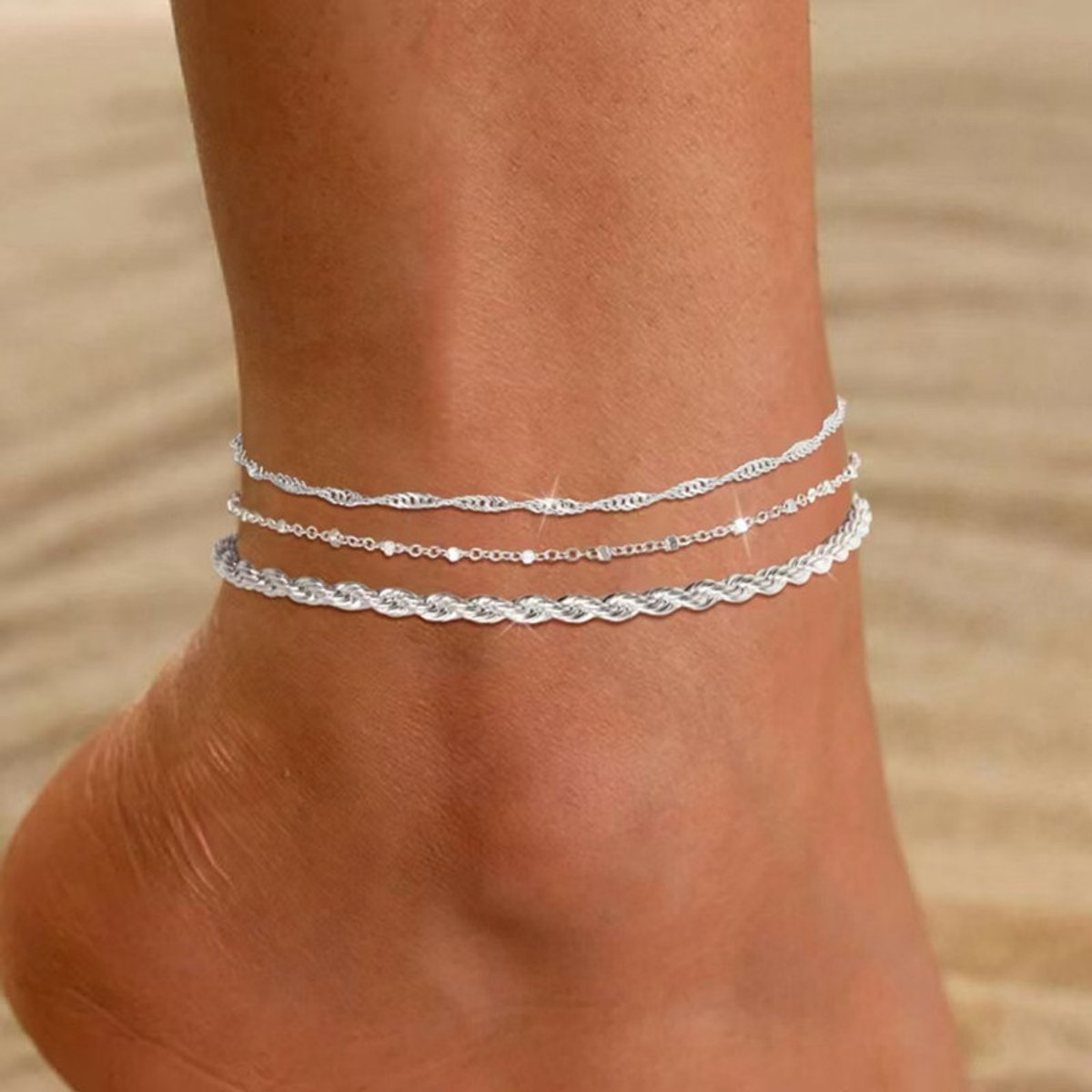 Damesenkelbandje - 3-delige set - 20cm - Stapelbaar - Strandaccessoires - Veelzijdig enkelbandje - Enkelbandje met waterrimpelvlecht - Stapelbaar enkelbandje - Enkelbandjesset - Enkelketting - Damesenkelbandjes - Zomeraccessoires - Strandenkelbandjes