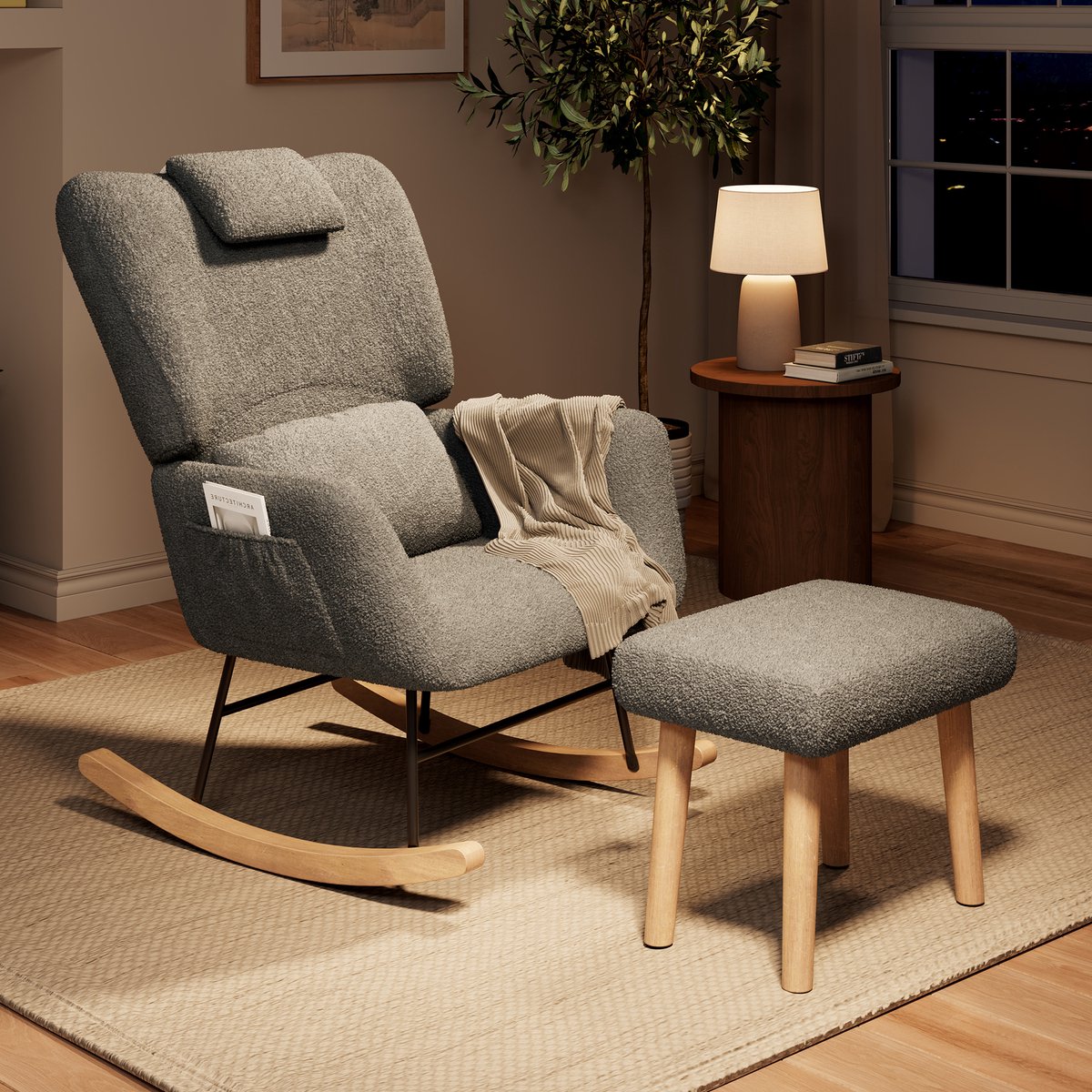 Schommelstoel met Hocker Grijs – Teddy Relaxfauteuil met Ergonomische Rugsteun, Lendenkussen en Hoofdsteun