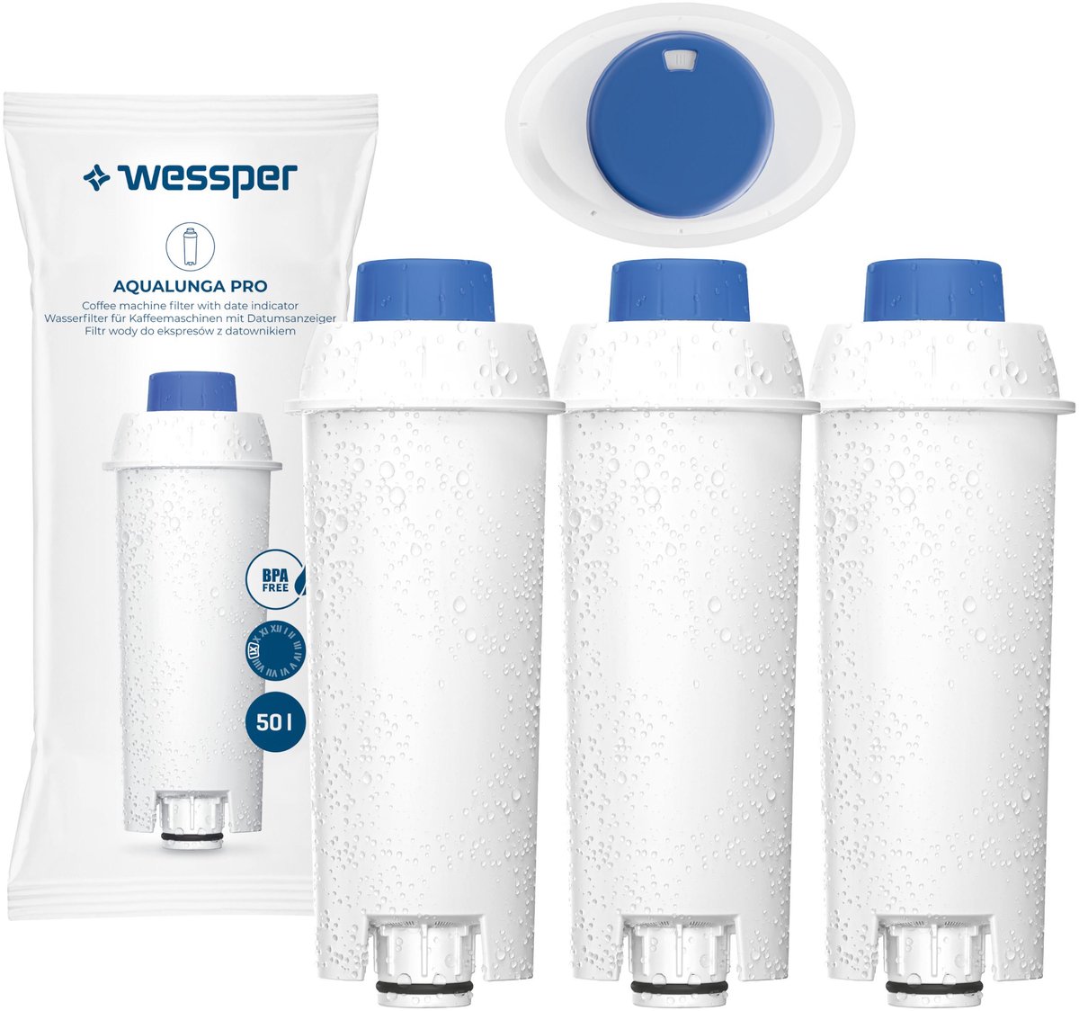 3x Wessper AQUALUNGA PRO Waterfilters voor Delonghi - voor Koffiemachines - waterfilters voor Magnifica Dinamica Eletta - vervanging voor waterfilter SER3017, DLSC002