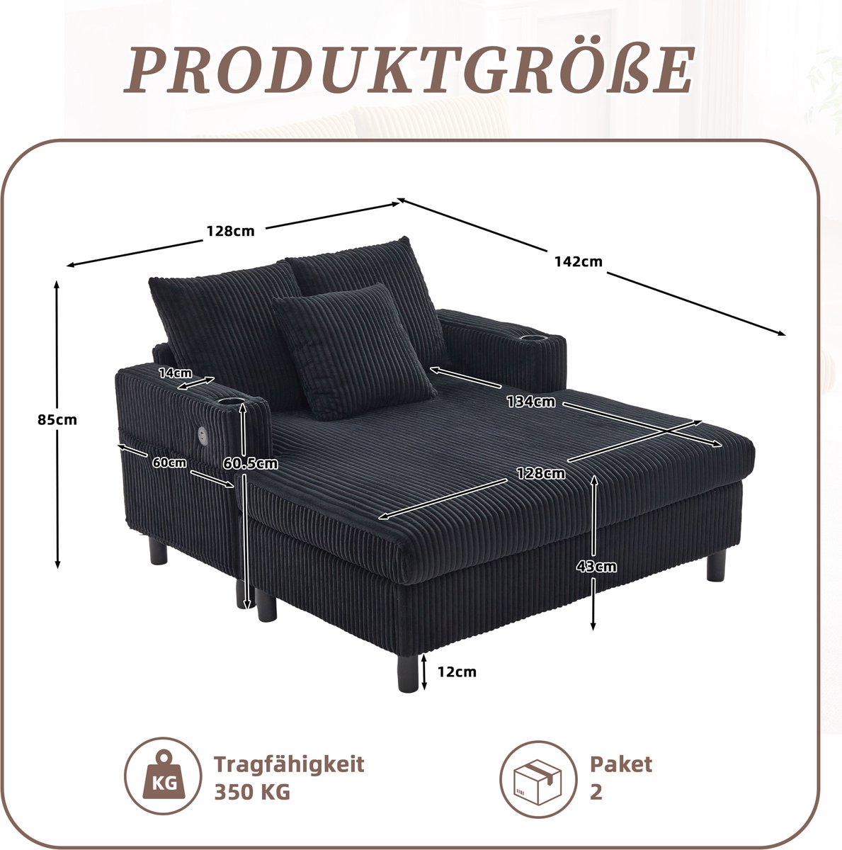 Lounge Fauteuil - Zwarte Corduroy Relaxstoel Met LED Verlichting USB Poort Bekerhouder
