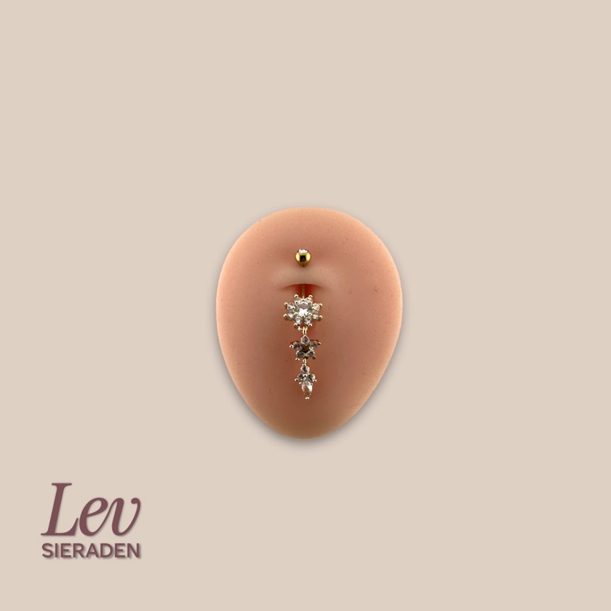 Lev Sieraden - 1.6x10mm 19 steen Zirkonia bloem 2 tier hanger - navel piercing - Goud kleurig - Titanium - extern geschroefd