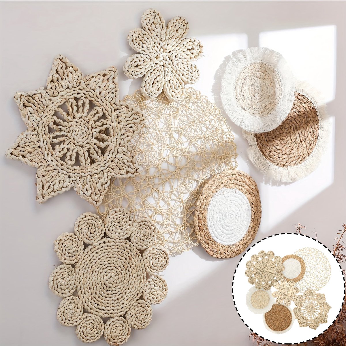 7 Stuks Boho Wandmanden | Rustieke Rotan Hangmanden, Ronde Wandkunst Decoratie voor Woonkamer, Slaapkamer & Keuken, Boerderij Stijl