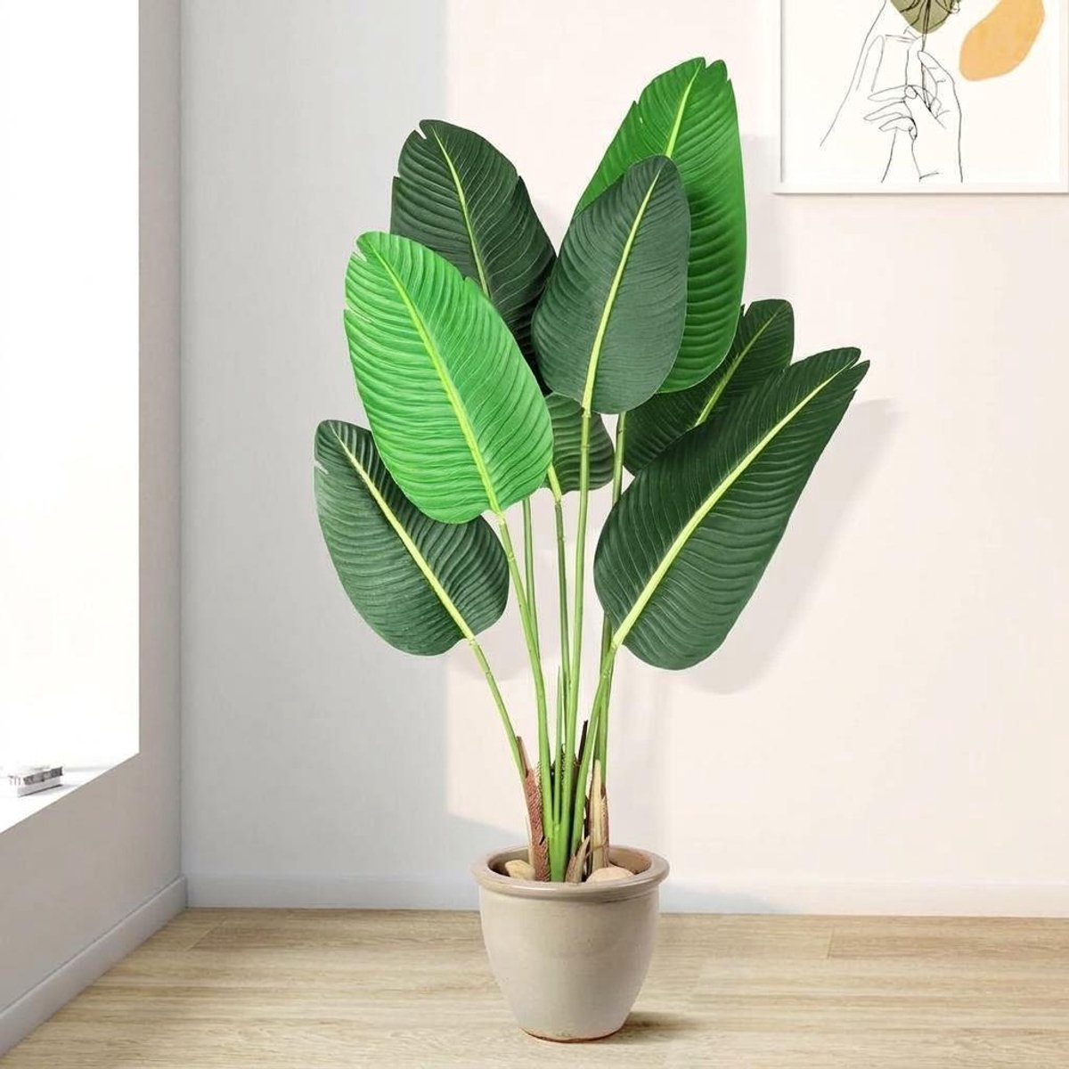 Levensechte kunstparadijsvogel boom – 120 cm hoge kunstpalm met 10 stammen, levensechte binnen- en buitengebruik bananenbladplant in pot voor thuis, kantoor en tuin