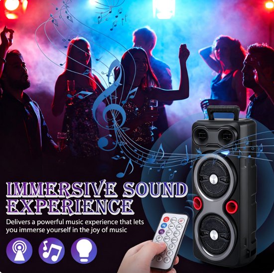 Draagbare Outdoor Speaker - 2x 6.5" Bas, RGB Verlichting, TWS, Karaoke Microfoon - Zwart van Merkloos — afbeelding 4