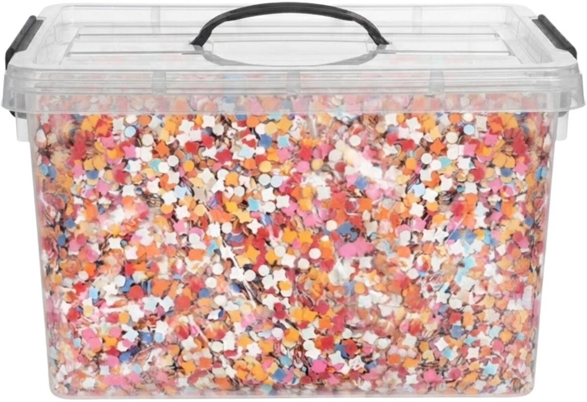 Boland Confetti in kunststof opslagbox - 2 kilo - multicolor snippers - papier - rondjes - versiering
